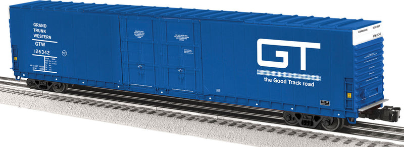 86' Hi-Cube Boxcar 2-Pack - 3-Rail - Ready to Run -- Grand Trunk Western #126342, 126312 (blue, white, Good Track Slogan)-1