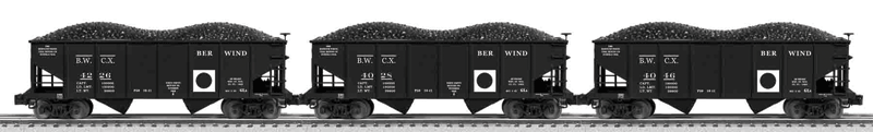 Scale PRR Class Gla 2-Bay Hopper w/Load 3-Pack - 3-Rail - Ready to Run -- Berwind White Coal BWCX (black, white, Circle Marking)-1