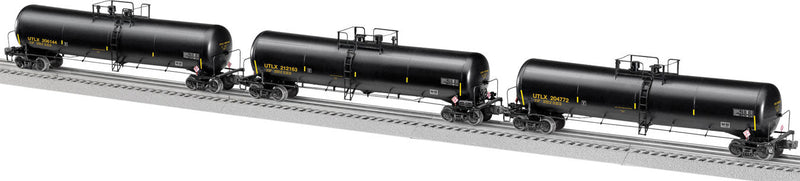 30,000-Gallon Tank Car 3-Pack - Scale 3-Rail - Ready to Run -- UTLX #206114, 212163, 204772 (black, yellow Conspicuity Marks)