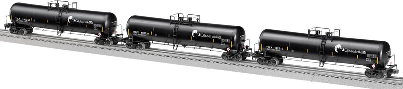 30,000-Gallon Tank Car 3-Pack - Scale 3-Rail - Ready to Run -- Global Ethanol #192215, 192221, 192245 (black, white)