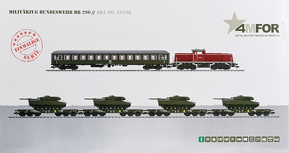 4MFOR Metal Military Mission(R) Modern German Army (BW) Diecast Models -- Military Train w/Class 290 Loco, Escort Car w/4 Flats w/Tanks - DC