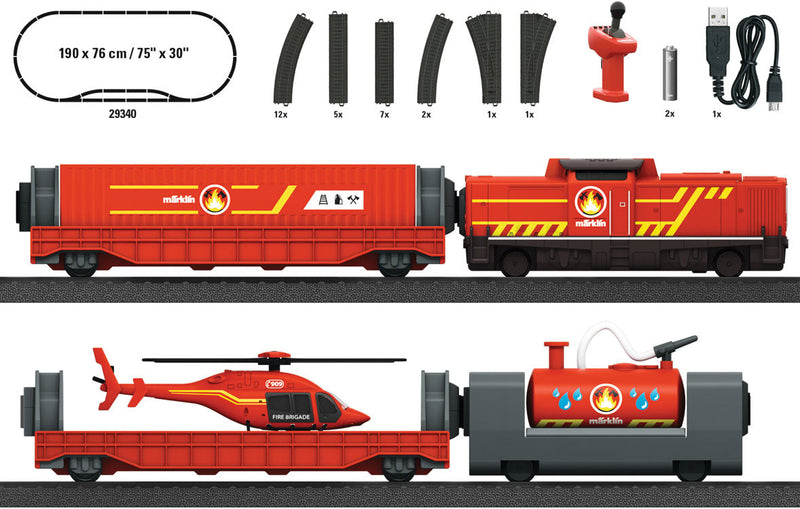 Fire Department Battery Starter Set with Sound - My World -- Diesel Loco, 3 Cars, C-Track Oval with Siding, Remote Controller-1