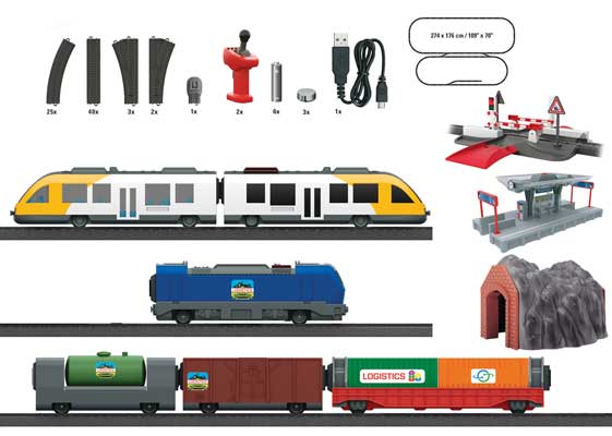 Premium Battery-Powered Starter Set w/2 Trains - My World -- LINT Passenger Train, Freight Loco & 3 Cars, Douible Oval, Remote Control