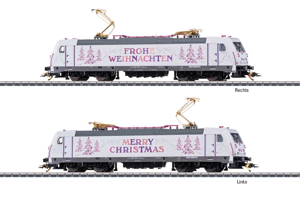 Class 185.2 Electric - 3-Rail - Sound and Digital -- Christmas Railroad WB (Era VI, white, gray, purple, pink)-2