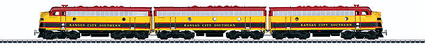 EMD F7 A-B-A Set - 3-Rail w/Sound & Digital -- Kansas City Southern (2000s Southern Belle, yellow, red, black)
