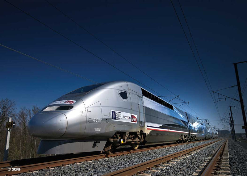 TGV Duplex V 150 High-Speed 5-Car Train Only - 3-Rail - Sound and Digital -- French State Railways SNCF 4402 (Era VI 2007, silver, blue, Record Version)