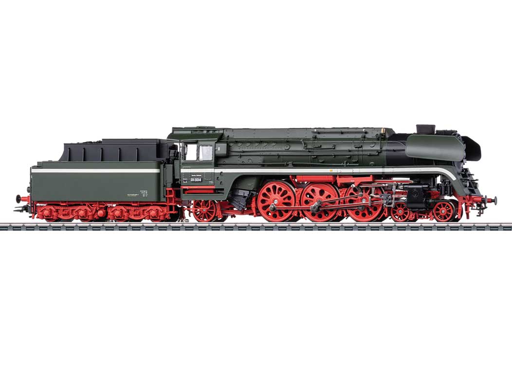 Class 01.5 4-6-2 w/2 2 T34 Coal Tender - 3-Rail - Sound and Digital -- German State Railroad DR #01 504 (Era III 1964, black, red, white)-2