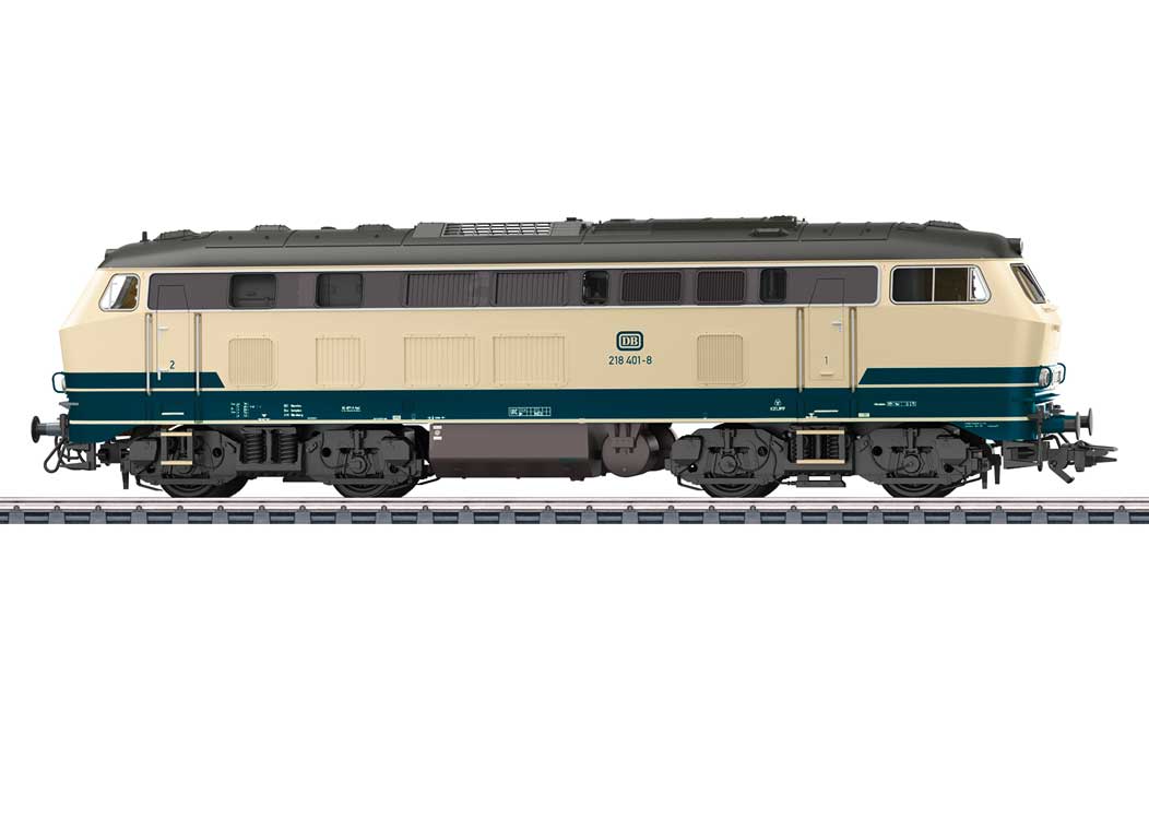 Class 218 Diesel - 3-Rail - Sound and Digital -- German Federal Railroad DB #218 401-8 (Era IV 1976, ivory, blue, black)-2
