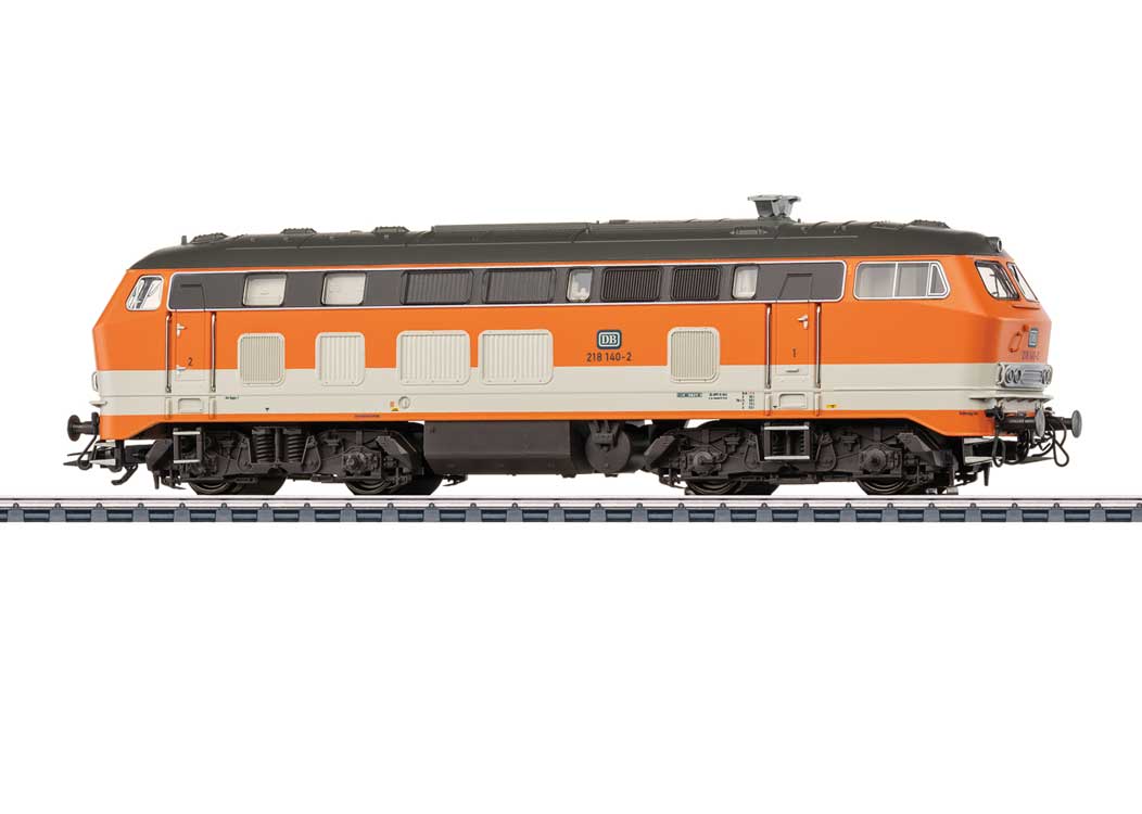 Class 218 Diesel - 3-Rail - Sound and Digital -- German Federal Railroad DB #218 140-2 (Era IV 1985, orange, cream, gray)-2