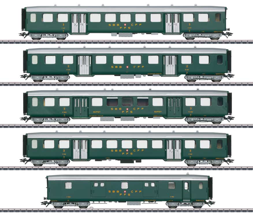 Lightweight Passenger Set w/Baggage & 4 Cars - 3-Rail - Ready to Run -- Swiss Federal Railways SBB (Era III 1950, green, silver)-2