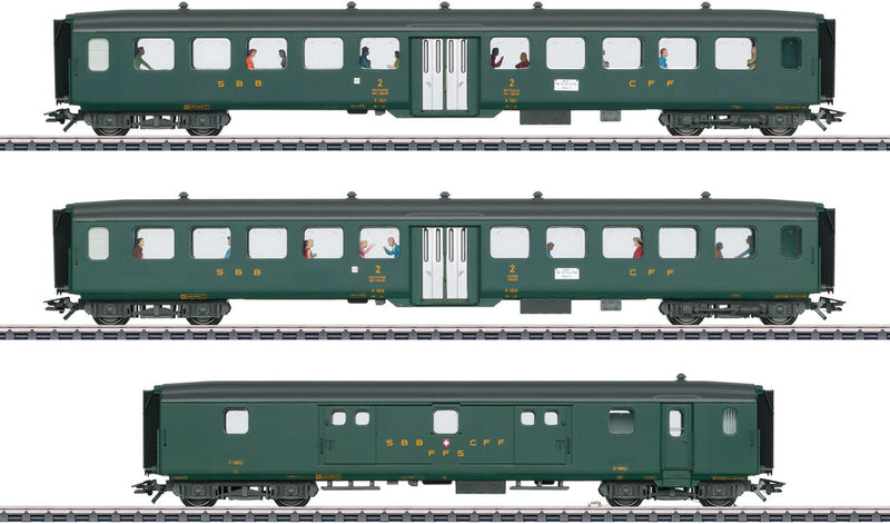 D96 Isar-Rhone 3-Car Passenger Set 2 - 3-Rail - Insider -- Swiss Federal Railways SBB (Era III 1965, green, gray)-1