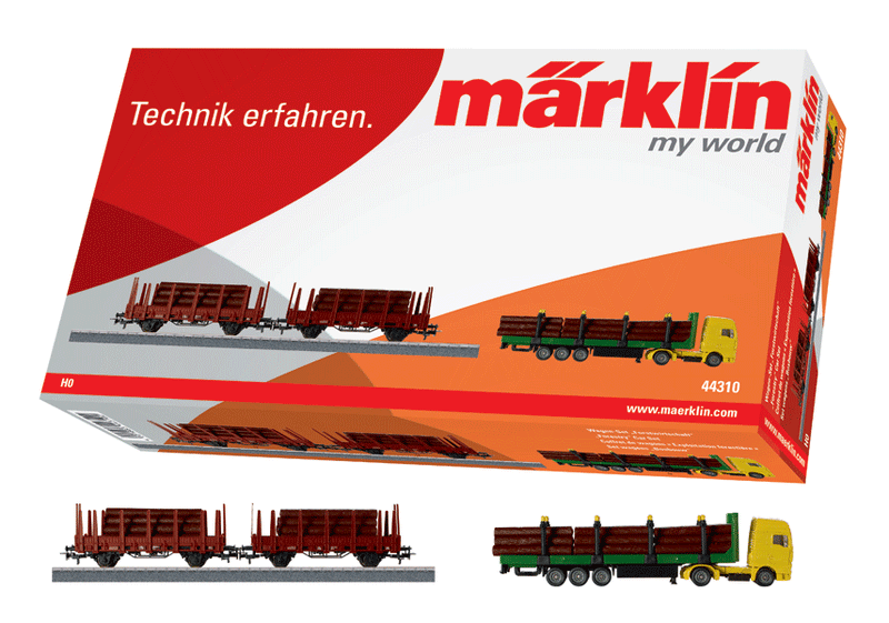 Forestry Set Stake Cars & Truck w/Logs - 3-Rail - Ready to Run - My World -- Triberg Waldbahn GmbH TWB (Boxcar Red)
