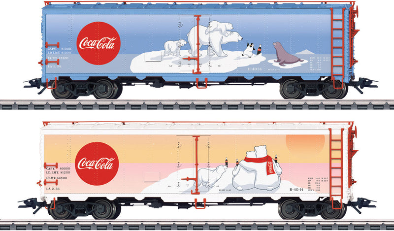 Class R-40-14 40' Steel Ice Reefer 2-Pack - 3-Rail - Ready to Run -- Coca-Cola (2 Different Polar Bear Scenes, one in blue, one in orange-pink)