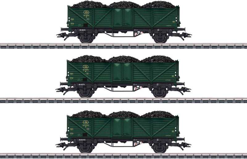 Type Klagenfurt High-Side Wood Gondola with Load 3-Pack - 3-Rail - Ready to Ru -- Belgian State Railways SNCB/NMBS (Era III 1950s, green)