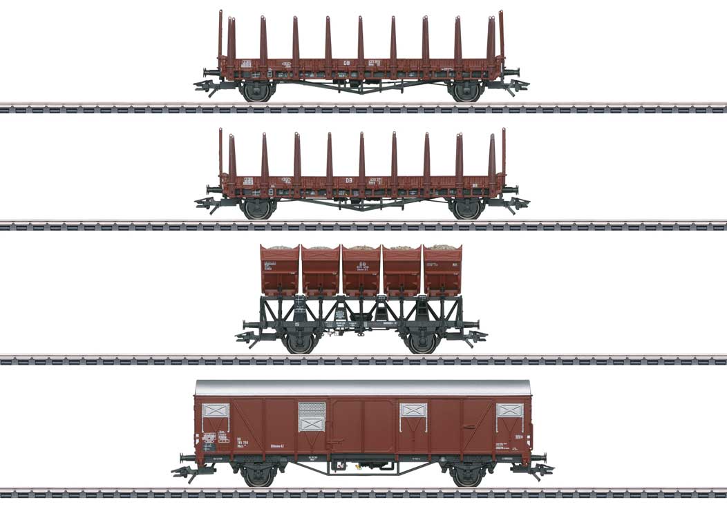 Type Rms & Rmrs 31 Stake, Ommi 51 Dump, Hbcs 300/Gltmms 62 Boxcar Set 3-Rai -- German Federal Railroad DB (Era III 1962, Boxcar Red)
