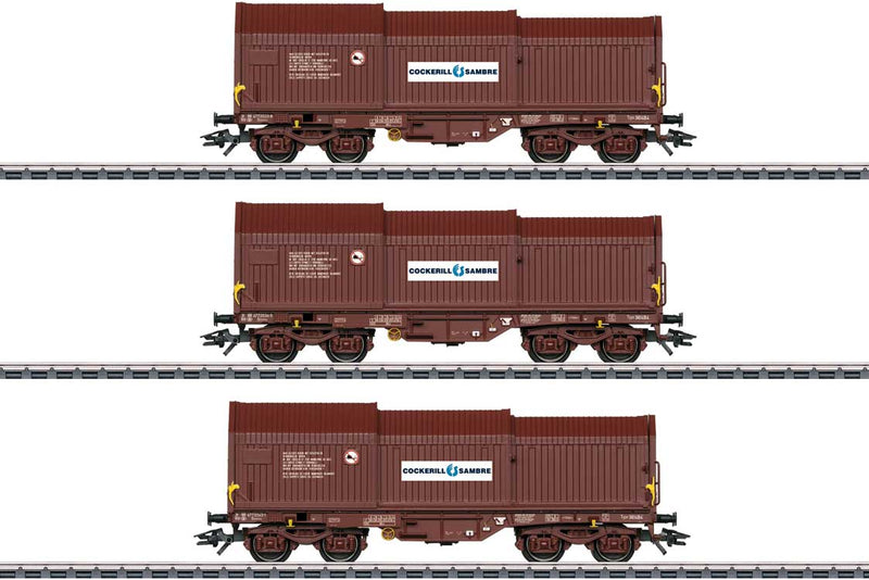 Type Shimmns Telescoping Cover Flatcar 3-Pack - 3-Rail - Ready to Run -- Belgian State Railways SNCB-NMBS (Era IV, Boxcar Red)