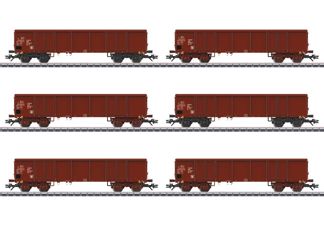 Type Eas 5949 & 5971 Gondola w/Coal Load 6-Pack- 3-Rail - Ready to Run -- German Federal Railroad DB (Era IV & V 1950s, Boxcar Red)-1