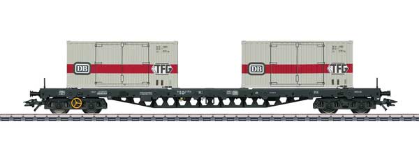 Type Sgs 693 Container Flatcar w/2 20' Containers - 3-Rail Ready to Run -- German Federal Railroad DB (Era IV 1988, black w/gray & red Containers)