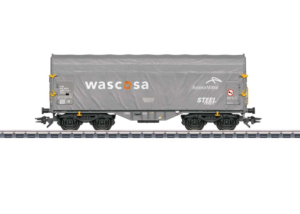 Type Shimmns Sliding Tarp Car - 3-Rail - Ready to Run -- Wascosa (Era VI 2022, gray, white, orange)