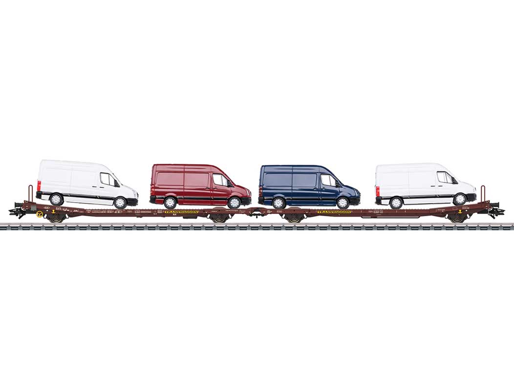 Type Laads 800B Paired Flatcar Set w/4 VW Crafter Load - 3-Rail - Ready to Run -- Transwaggon (Era VI 2005, Boxcar Red)-1