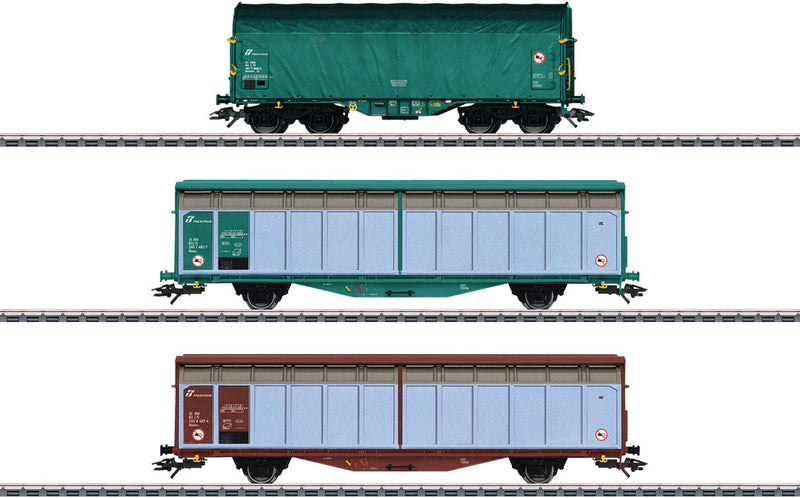 2 Type Hbbillns Sliding-Wall Boxcars and Shimmns Tarp Car - 3-Rail, Ready t -- FS Trenitalia Italian State Railways (Era VI, 3 schemes)