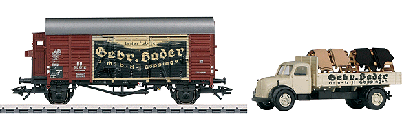 Type Gms 30 Oppeln Boxcar & Magirus Flatbed Truck w/Leather Load - Set - 3-Rai -- 2011 Marklin Museum Car - Decorated for Bader, Göppingen, Germany