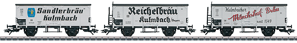 Kulmbach Beer Car 3-Pack - Marklin 3-Rail - Ready to Run -- Reichelbrau Kulmbach, Kulmbacher Monchshof-Brau, Sandlerbrau Kulmbach Era II