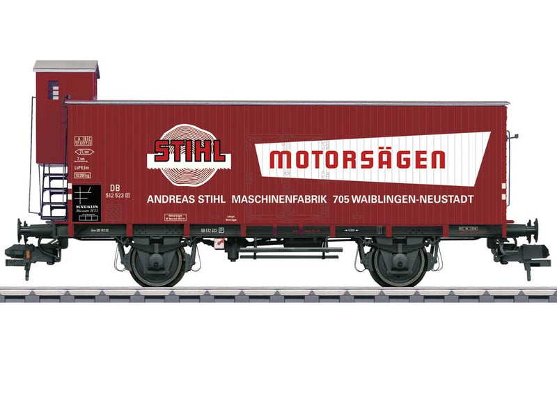 Wood Boxcar w/Vertical Boards & Brakeman's Cab - Ready to Run -- Stihl Power Saws #512 423 P (Era III, Boxcar Red, white, red, 2023 Museum Ca