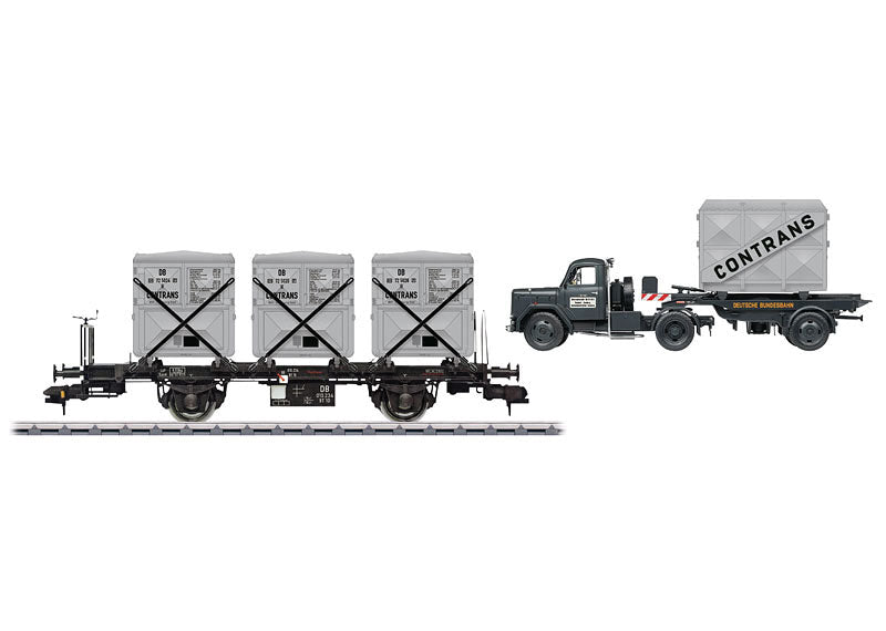 Type BT 10 Container Flatcar w/LCL Container Load & Truck - 3-Rail Ready to Ru -- German Federal Railroad DB (Era III, black w/gray Containers)