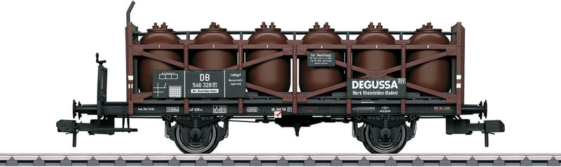 Acid Transport Flatcar with Containers - Ready to Run -- Degussa 546 328 P (Era III 1959, black, Boxcar Red)-1