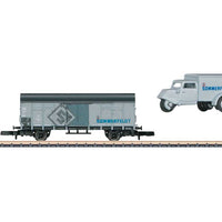 Type Gl 11 Wood Boxcar & Tempo 3-Wheel Truck - Ready to Run -- 2017 Marklin Museum Car Set, Sommerfeldt (Era III, gray, blue)