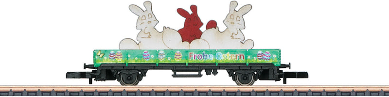 Low-Side Flatcar - Ready to Run -- 2019 Easter Car (green, bunny load)-1