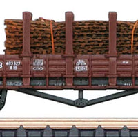 Type R 10 Stake Flatcar with Brakeman's Platform, Steel Mat Load - Ready t -- German Federal Railroad DB (Era III, Boxcar red )