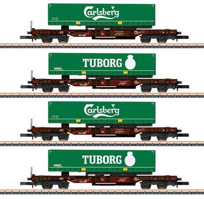 Type KLV Intermodal Well w/Curtain Trailer Load 4-Pack - Ready to Run -- AAE Cargo (Era VI, Boxcar red, Tuborg & Carlsberg Trailers)
