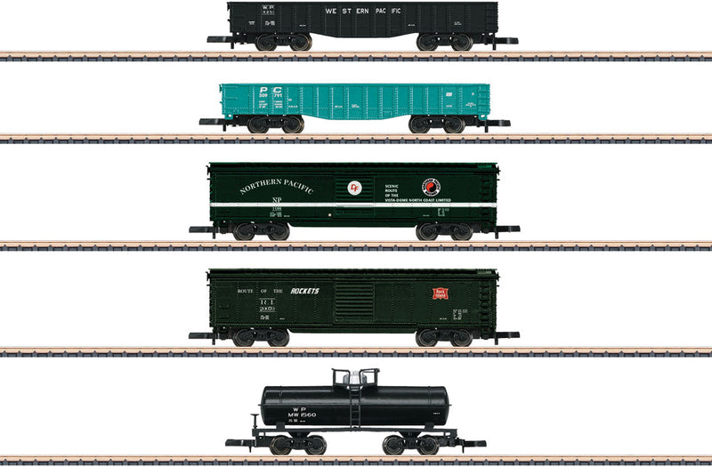 North American 2 Boxcar, 2 Gondola and Tank Car Set - Ready to Run -- Boxcars: NP, RI; Gondolas: PC, WP; Tank Car: WP