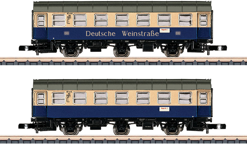 Type WG3yge 2nd Class Paired Coaches - Ready to Run -- German Federal Railroad DB (Era IV 1980, ivory, blue, Deutsche Weinstrasse A