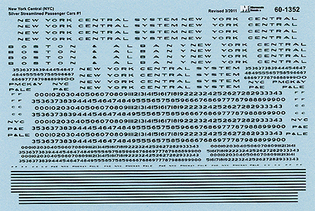 Railroad Decal Set -- New York Central (NYC) Silver Streamlined Passenger Cars #1