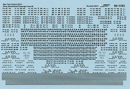 Railroad Decal Set -- New York Central (NYC) Silver Streamlined Passenger Cars #2