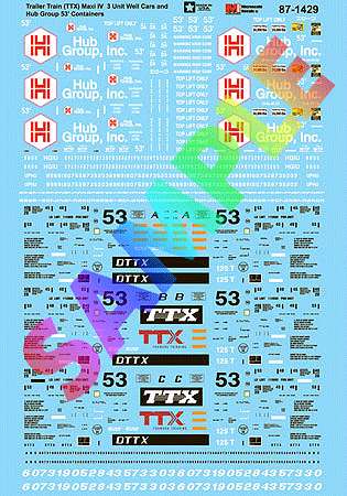 Railroad Decal Set -- Trailer Train TTX Maxi IV Well Cars & 53' HUB Group Containers