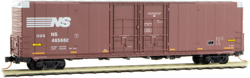 60' Excess-Height Double-Door Boxcar - Ready to Run -- Norfolk Southern 465682 (Boxcar Red, yellow conspicuity marks)