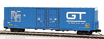 60' Excess Height Boxcar w/Double Plug Doors & Rivet Side -- Grand Trunk Western #384606 GTW Blue w/white logo, black & white lettering