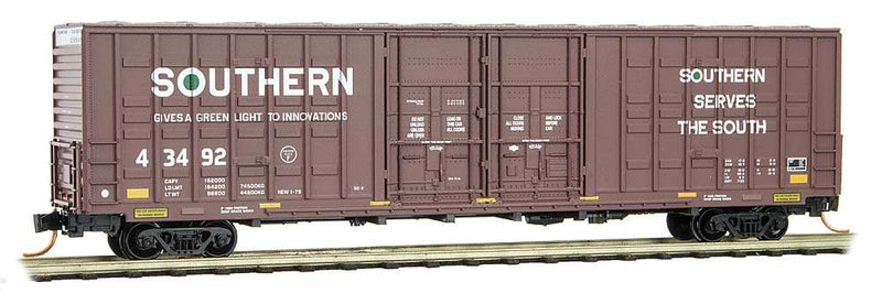 Berwick 60' Excess-Height Waffle-Side Double Plug-Door Boxcar - Ready to Run -- Southern Railway 43492 (Boxcar Red, white, green, Serves the South Slogan)