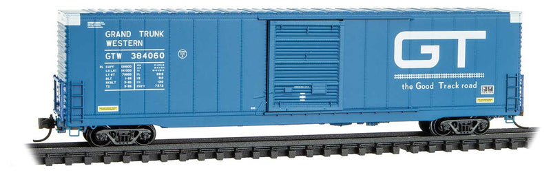 60' Excess Height Single-Door Boxcar with Riveted Sides - Ready to Run -- Grand Trunk Western #384060 (blue, white, Good Track Slogan)