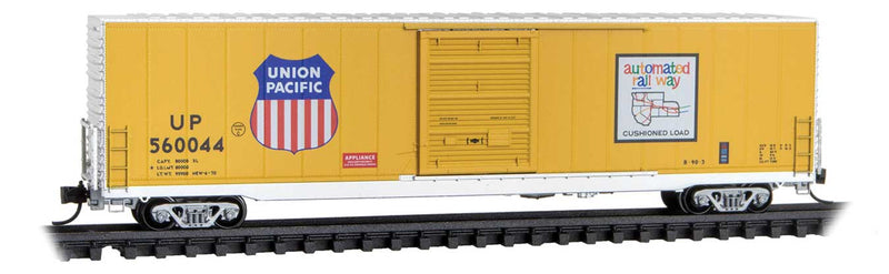 60' Excess Height Single-Door Boxcar with Riveted Sides - Ready to Run -- Union Pacific #560044 (Armour Yellow, silver, Automated Railway Logo)