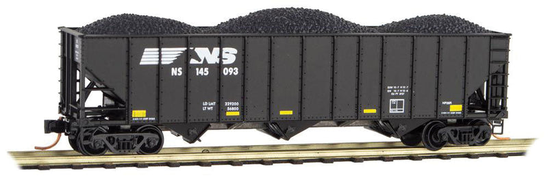 100-Ton 3-Bay Ribside Open Hopper w/Coal Load - Ready to Run -- Norfolk Southern #145093 (black, Horse Head Logo)