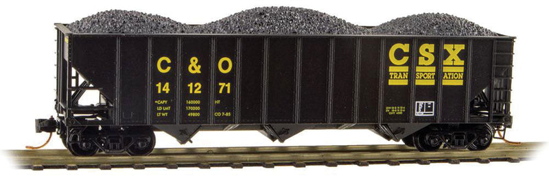 100-Ton 3-Bay Ribside Open Hopper w/Coal Load - Ready to Run -- CSX C&O #141271 (black, yellow; Early Transportation Logo)