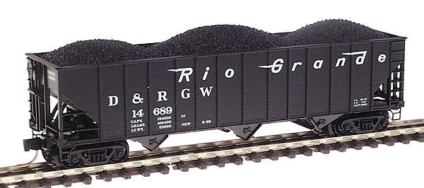 100-Ton 3-Bay Open Hopper Rib Side w/Coal Load -- Denver & Rio Grande Western #14689 (Black w/White Lettering)