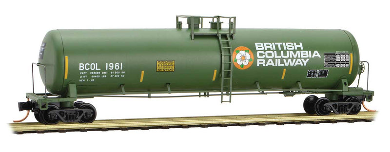 56' General-Service Tank Car - Ready to Run -- British Columbia Railway 1961 (green, yellow, white, Dogwood Logo)