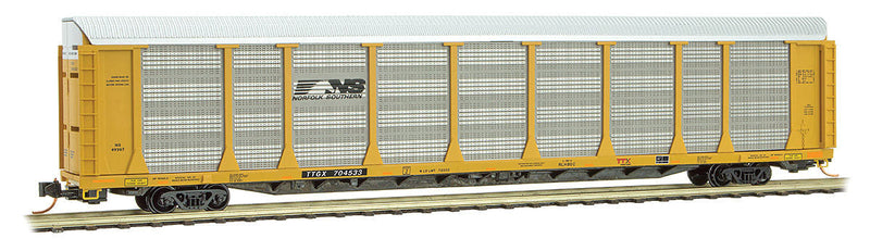 89' Tri-Level Enclosed Auto Rack - Ready to Run -- Norfolk Southern TTGX #704533 (yellow, silver, Horse Head Logo)