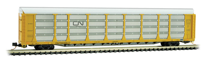 89' Tri-Level Enclosed Auto Rack - Ready to Run -- Canadian National 704345 (yellow, silver, black Noodle Logo)